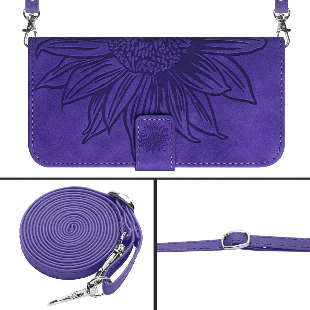 For Samsung Galaxy M14 5G HT04 Sunflower Pattern Phone Case PU Leather Cover Stand Wallet with Shoulder Strap - Dark Purple