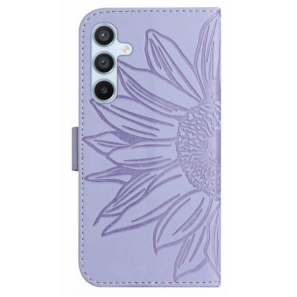 For Samsung Galaxy M14 5G HT04 Cell Phone Cover Leather Phone Case Sunflower Imprinted Stand Wallet - Light Purple