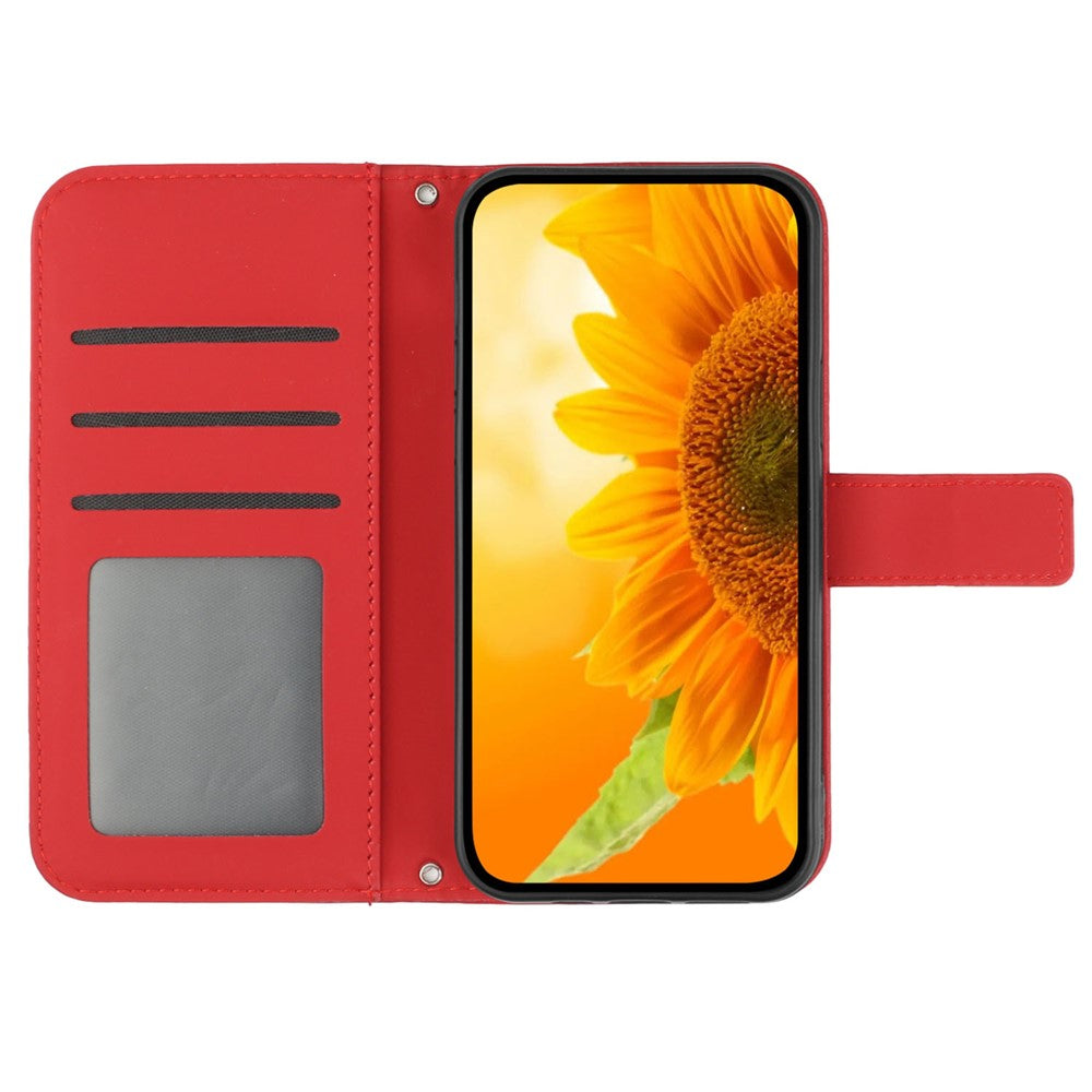For Samsung Galaxy M14 5G HT04 Cell Phone Cover Leather Phone Case Sunflower Imprinted Stand Wallet - Red