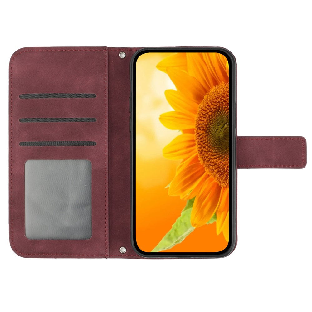 For Samsung Galaxy M14 5G HT04 Cell Phone Cover Leather Phone Case Sunflower Imprinted Stand Wallet - Wine Red