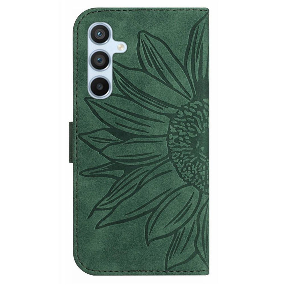 For Samsung Galaxy M14 5G HT04 Cell Phone Cover Leather Phone Case Sunflower Imprinted Stand Wallet - Dark Green
