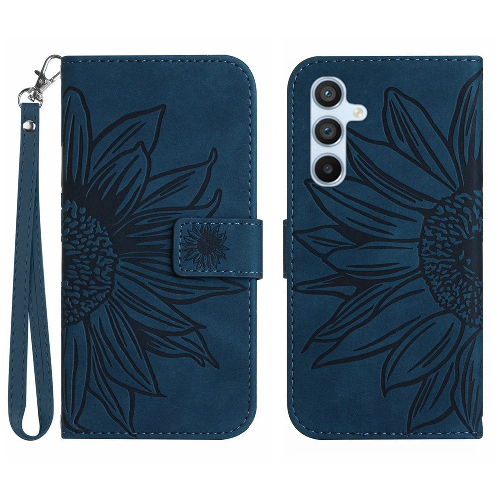 For Samsung Galaxy M14 5G HT04 Cell Phone Cover Leather Phone Case Sunflower Imprinted Stand Wallet - Dark Blue