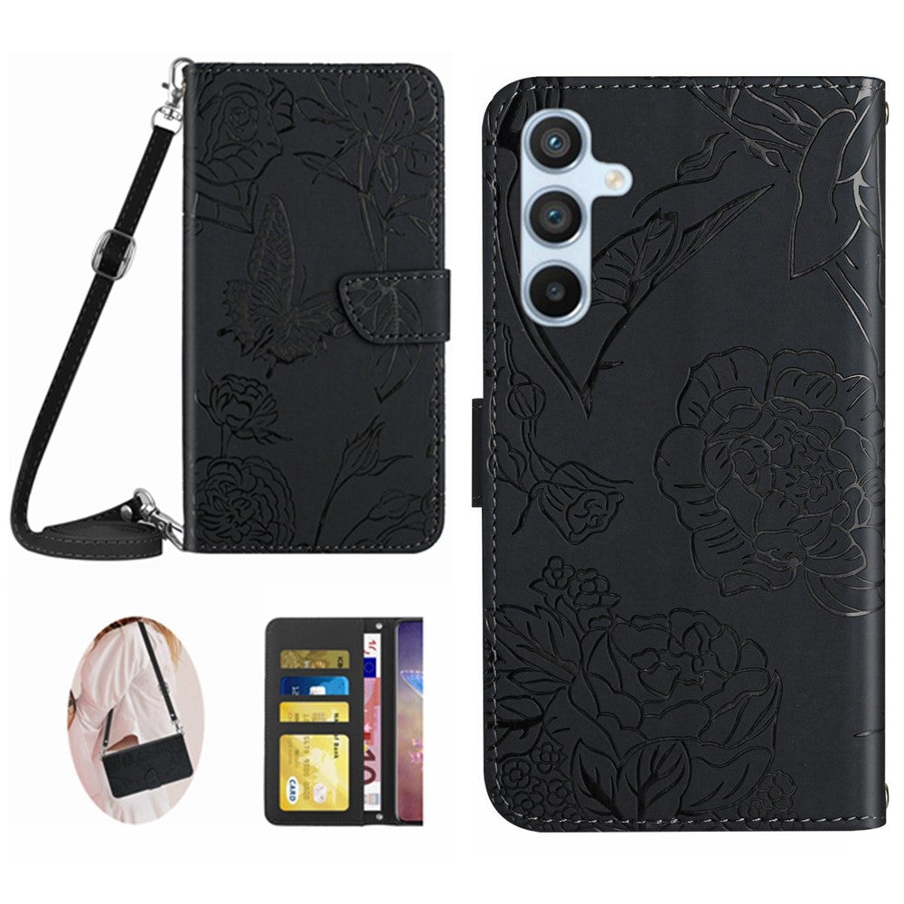 HT03 Phone Case for Samsung Galaxy M14 5G , PU Leather Stand Wallet Butterfly Flowers Imprinted Cover with Shoulder Strap - Black
