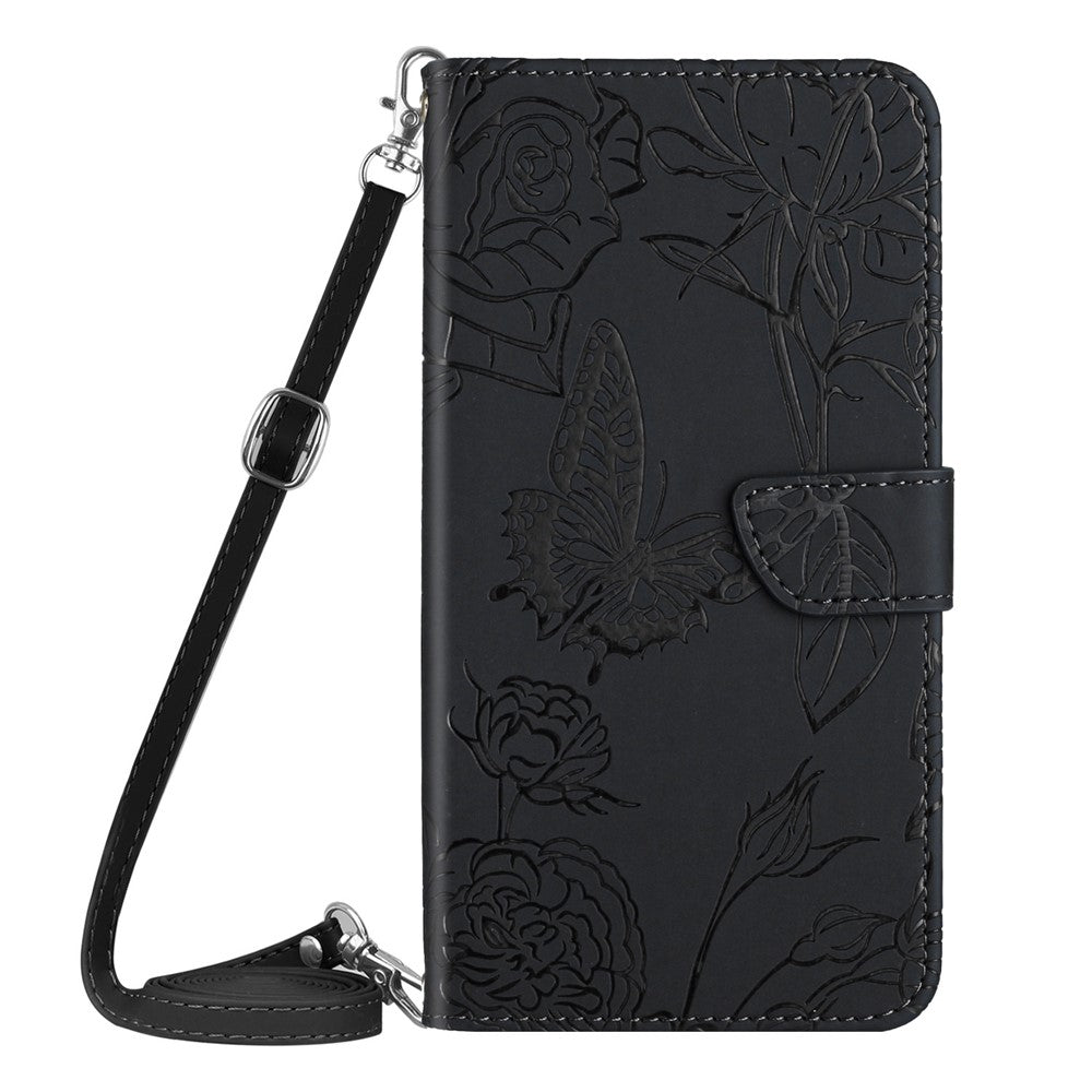 HT03 Phone Case for Samsung Galaxy M14 5G , PU Leather Stand Wallet Butterfly Flowers Imprinted Cover with Shoulder Strap - Black