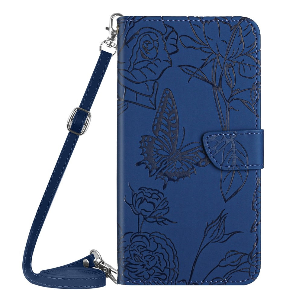 HT03 Phone Case for Samsung Galaxy M14 5G , PU Leather Stand Wallet Butterfly Flowers Imprinted Cover with Shoulder Strap - Blue