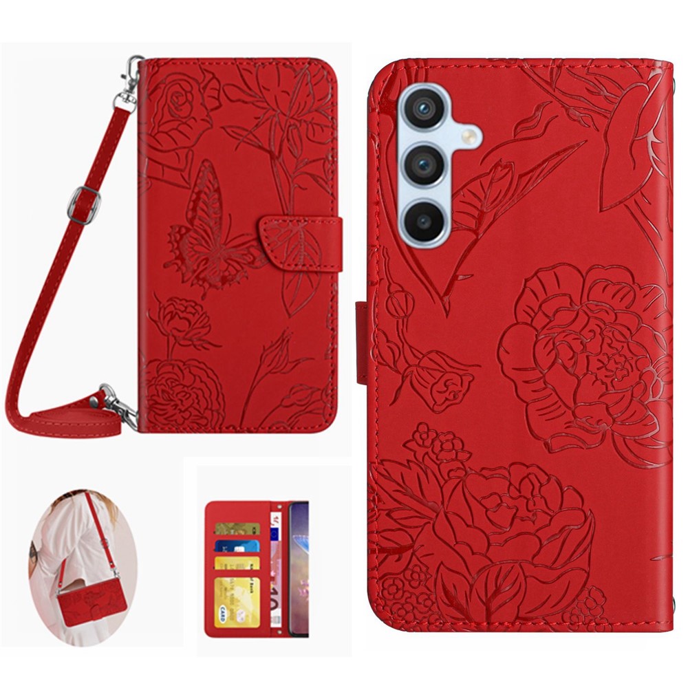 HT03 Phone Case for Samsung Galaxy M14 5G , PU Leather Stand Wallet Butterfly Flowers Imprinted Cover with Shoulder Strap - Red