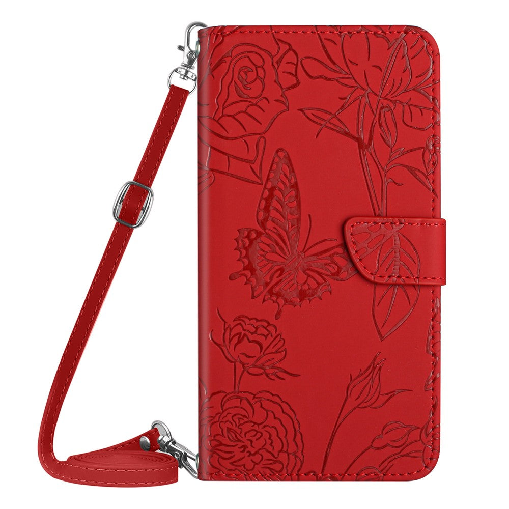HT03 Phone Case for Samsung Galaxy M14 5G , PU Leather Stand Wallet Butterfly Flowers Imprinted Cover with Shoulder Strap - Red