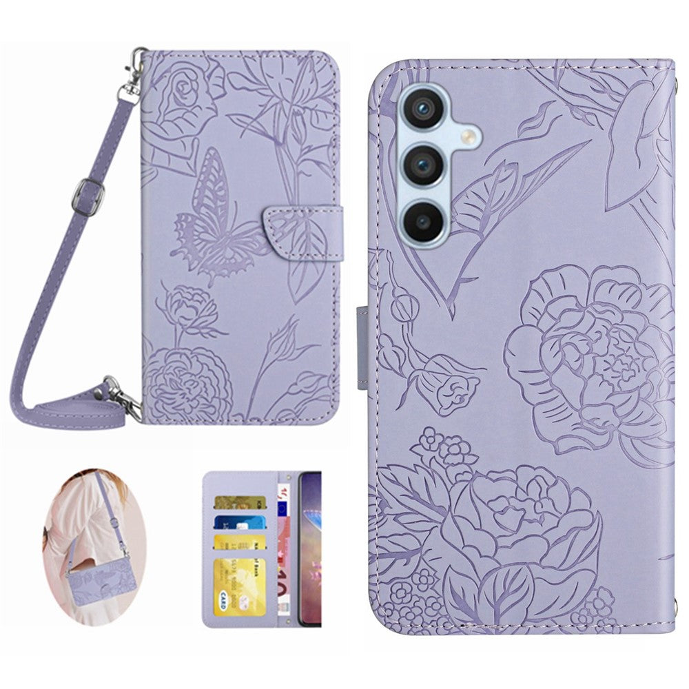HT03 Phone Case for Samsung Galaxy M14 5G , PU Leather Stand Wallet Butterfly Flowers Imprinted Cover with Shoulder Strap - Purple
