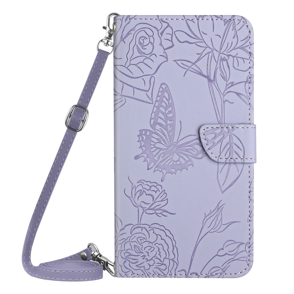 HT03 Phone Case for Samsung Galaxy M14 5G , PU Leather Stand Wallet Butterfly Flowers Imprinted Cover with Shoulder Strap - Purple