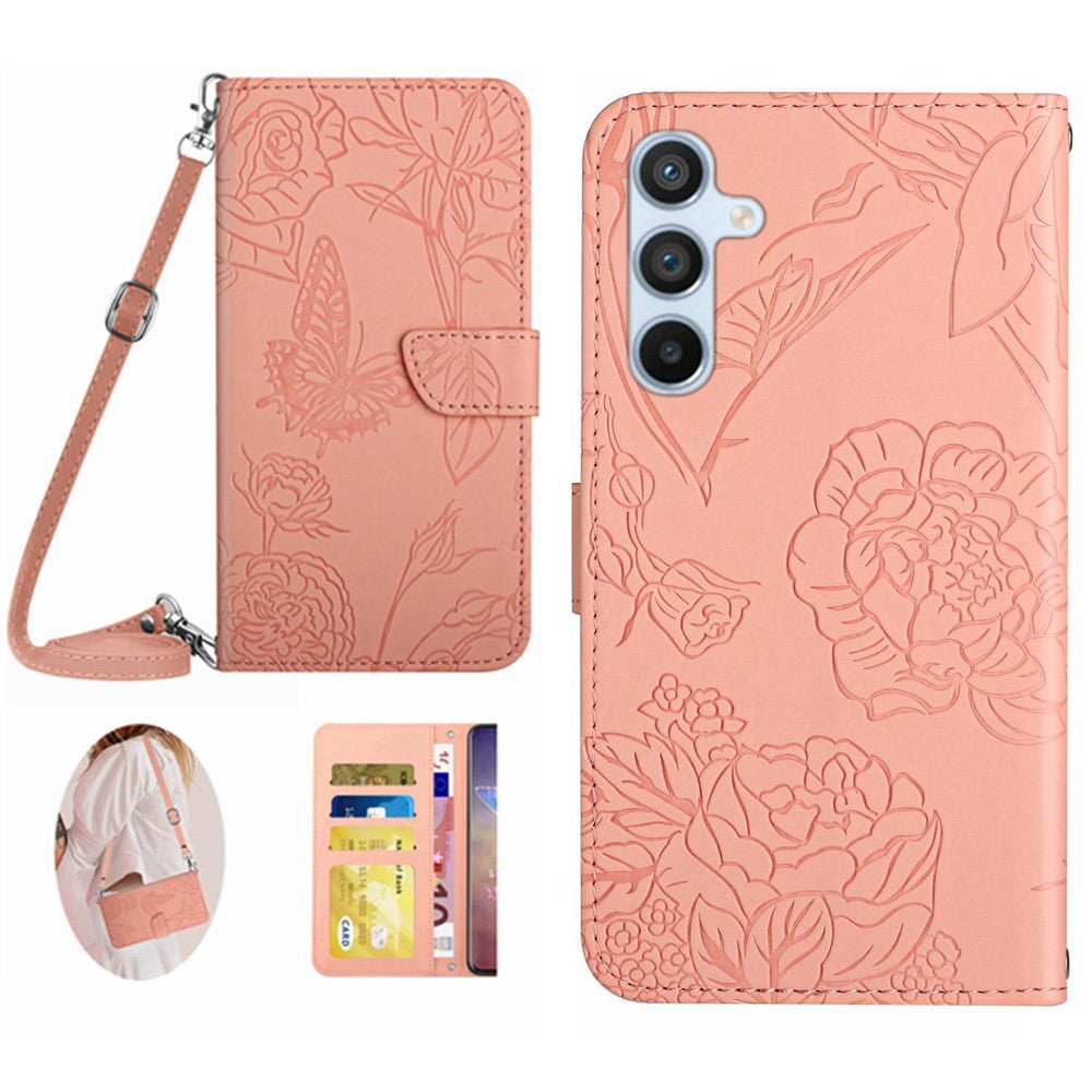 HT03 Phone Case for Samsung Galaxy M14 5G , PU Leather Stand Wallet Butterfly Flowers Imprinted Cover with Shoulder Strap - Pink