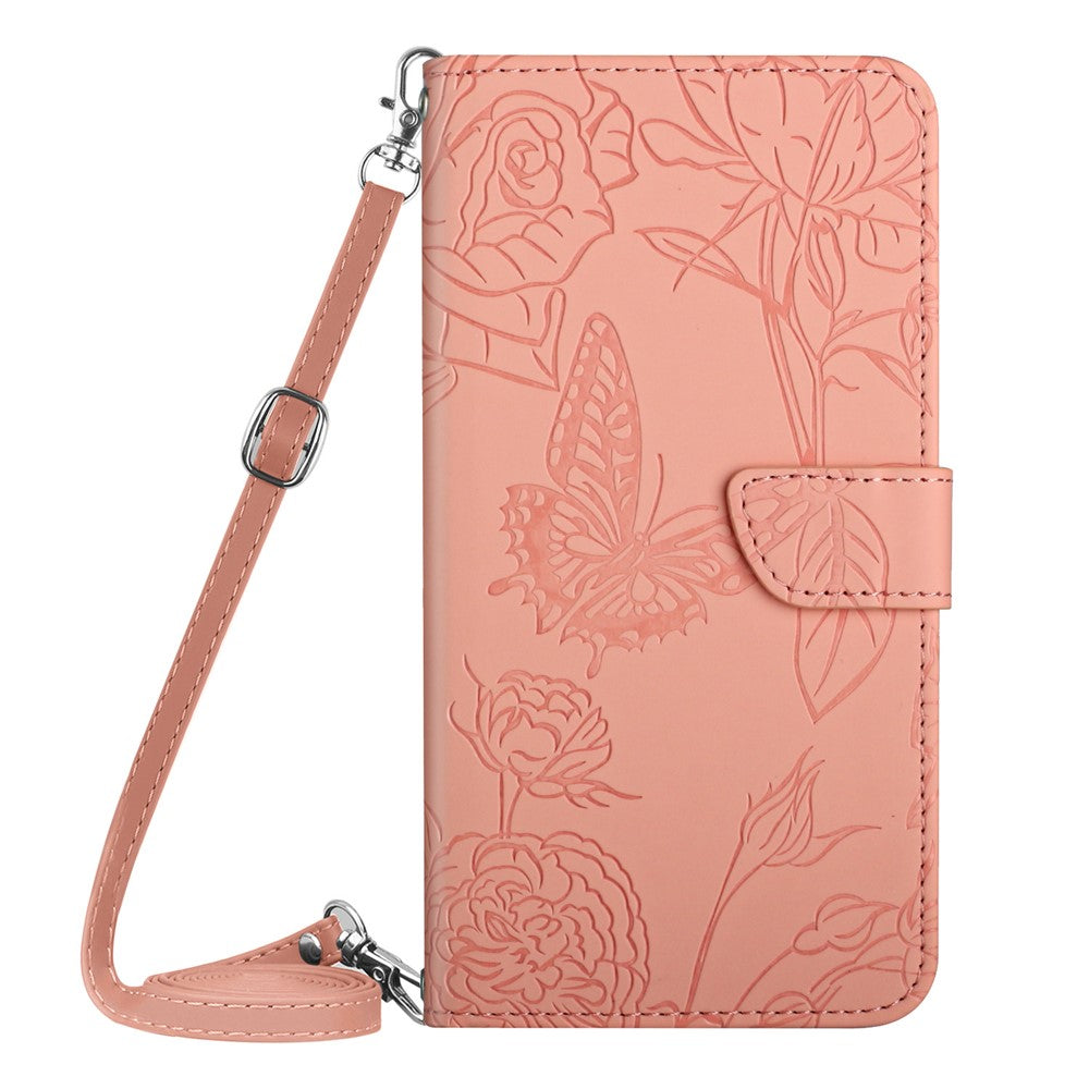 HT03 Phone Case for Samsung Galaxy M14 5G , PU Leather Stand Wallet Butterfly Flowers Imprinted Cover with Shoulder Strap - Pink