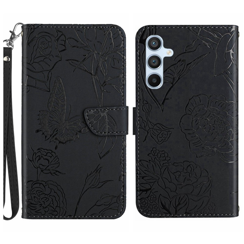 HT03 Phone Case for Samsung Galaxy M14 5G PU Leather Butterfly Flowers Stand Wallet Cover with Strap - Black