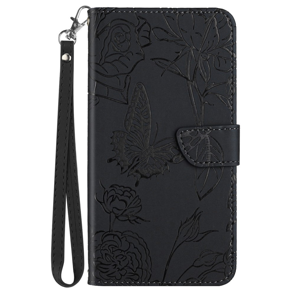 HT03 Phone Case for Samsung Galaxy M14 5G PU Leather Butterfly Flowers Stand Wallet Cover with Strap - Black