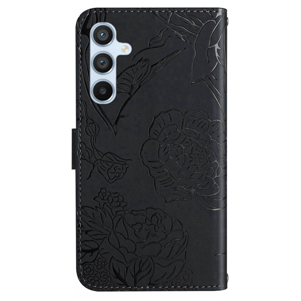HT03 Phone Case for Samsung Galaxy M14 5G PU Leather Butterfly Flowers Stand Wallet Cover with Strap - Black