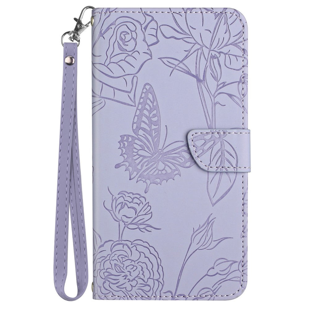HT03 Phone Case for Samsung Galaxy M14 5G PU Leather Butterfly Flowers Stand Wallet Cover with Strap - Purple