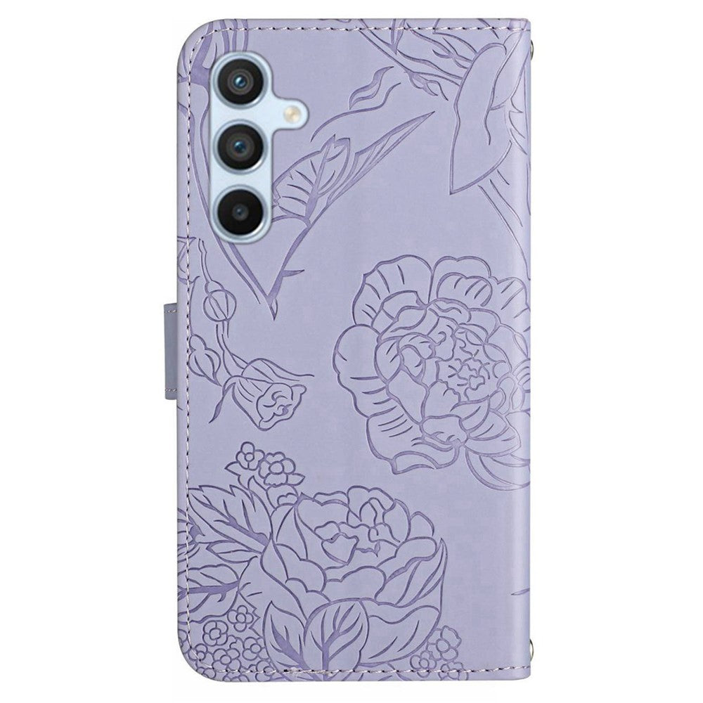HT03 Phone Case for Samsung Galaxy M14 5G PU Leather Butterfly Flowers Stand Wallet Cover with Strap - Purple