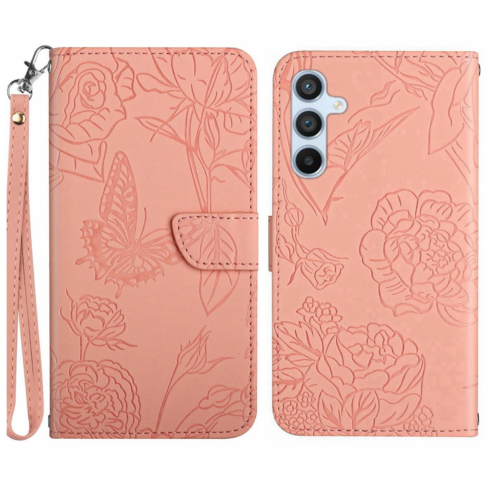 HT03 Phone Case for Samsung Galaxy M14 5G PU Leather Butterfly Flowers Stand Wallet Cover with Strap - Pink