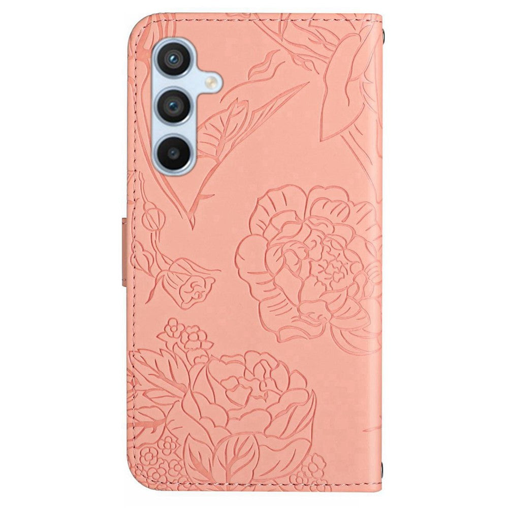 HT03 Phone Case for Samsung Galaxy M14 5G PU Leather Butterfly Flowers Stand Wallet Cover with Strap - Pink
