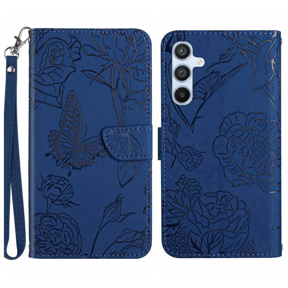 HT03 Phone Case for Samsung Galaxy M14 5G PU Leather Butterfly Flowers Stand Wallet Cover with Strap - Blue