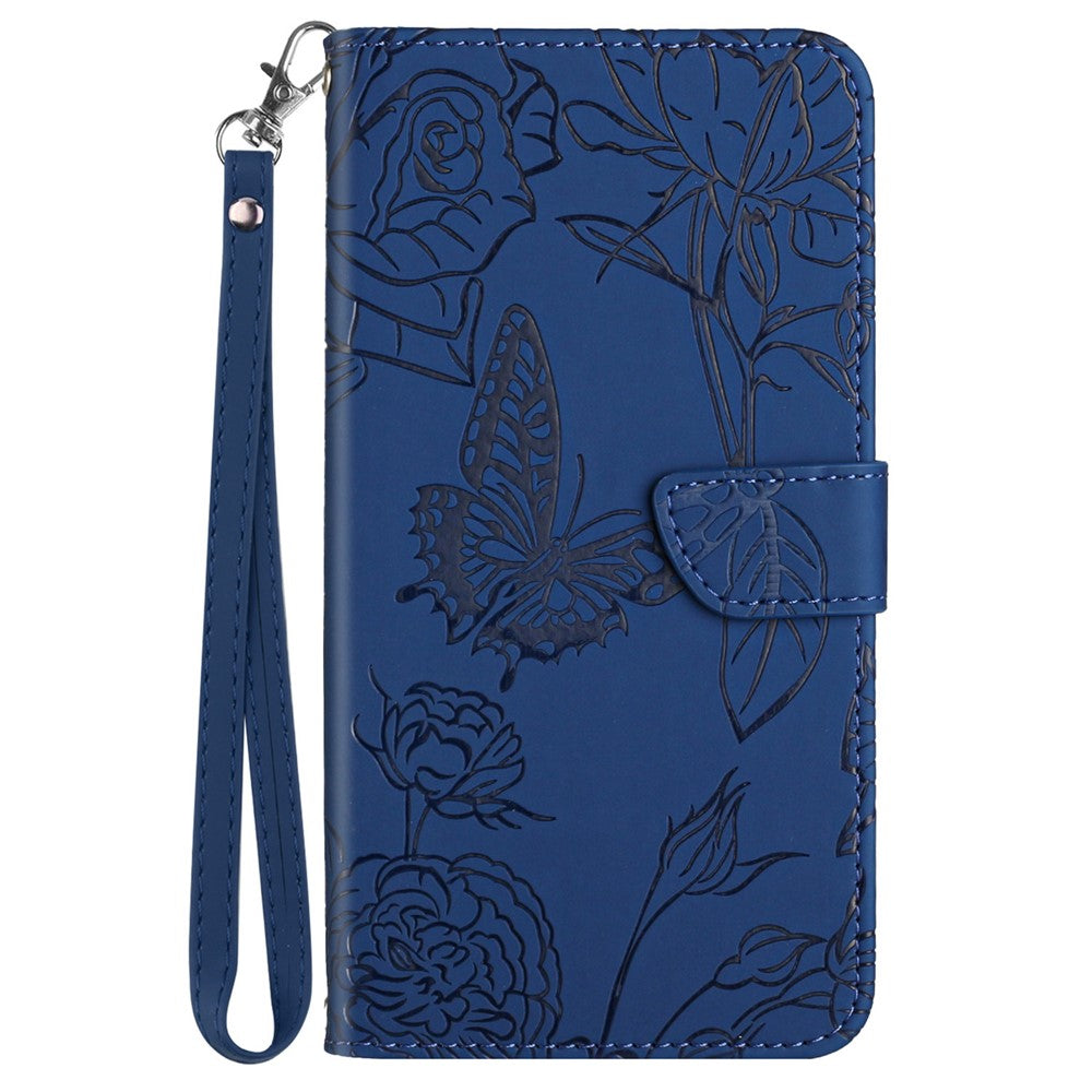 HT03 Phone Case for Samsung Galaxy M14 5G PU Leather Butterfly Flowers Stand Wallet Cover with Strap - Blue