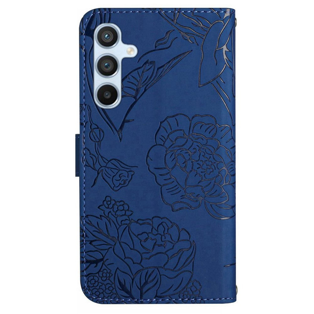 HT03 Phone Case for Samsung Galaxy M14 5G PU Leather Butterfly Flowers Stand Wallet Cover with Strap - Blue