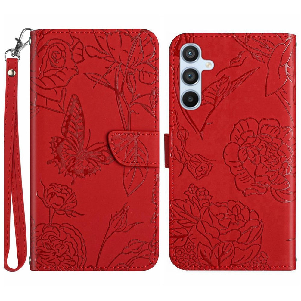 HT03 Phone Case for Samsung Galaxy M14 5G PU Leather Butterfly Flowers Stand Wallet Cover with Strap - Red