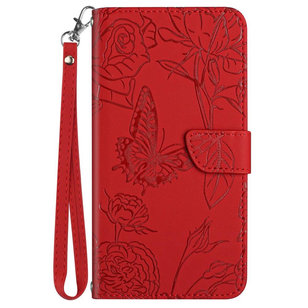 HT03 Phone Case for Samsung Galaxy M14 5G PU Leather Butterfly Flowers Stand Wallet Cover with Strap - Red
