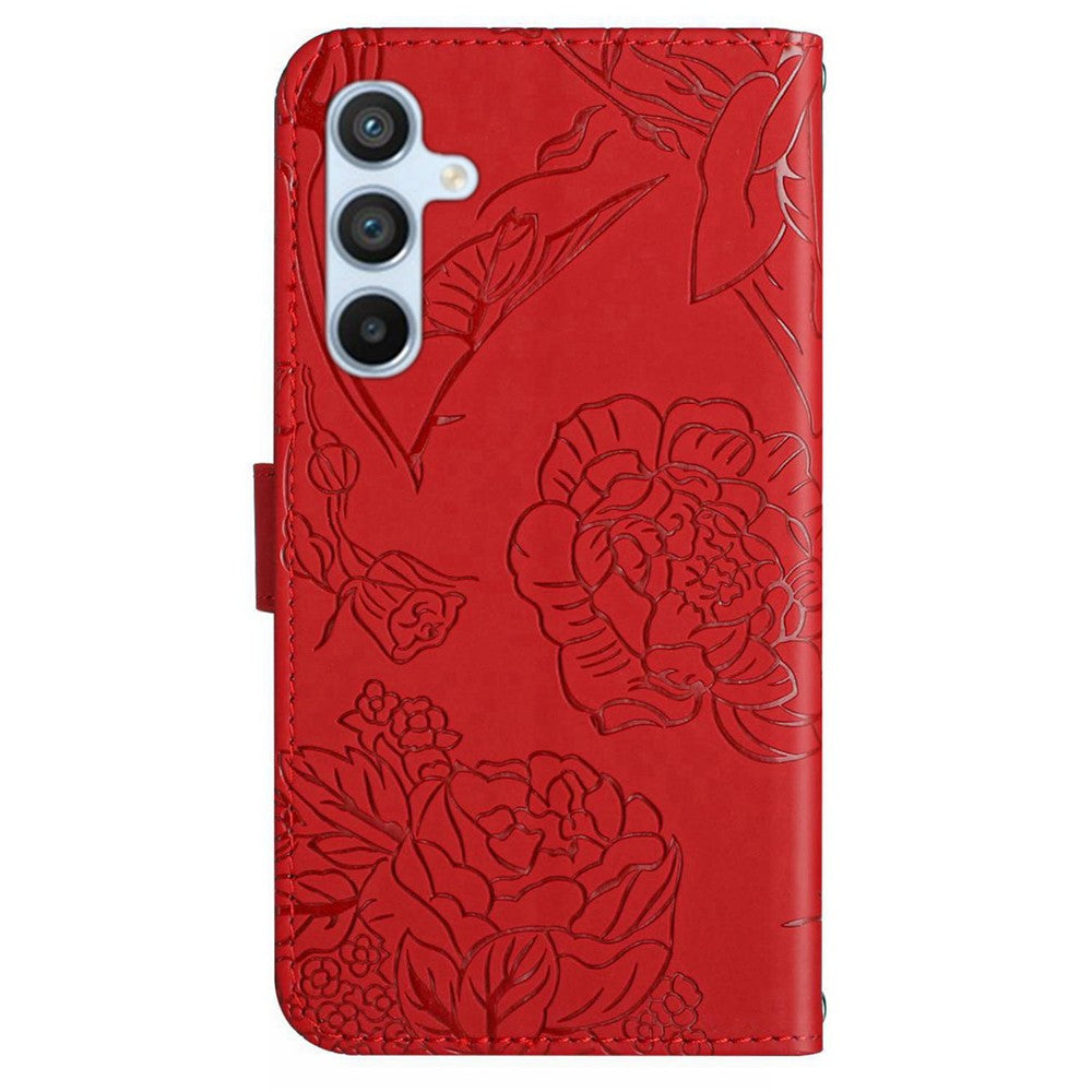 HT03 Phone Case for Samsung Galaxy M14 5G PU Leather Butterfly Flowers Stand Wallet Cover with Strap - Red