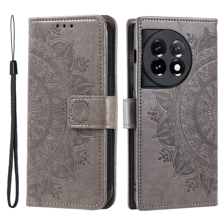 Leather Flip Case for OnePlus 11 5G Shockproof Phone Shell Mandala Flower Pattern Wallet Phone Cover - Grey