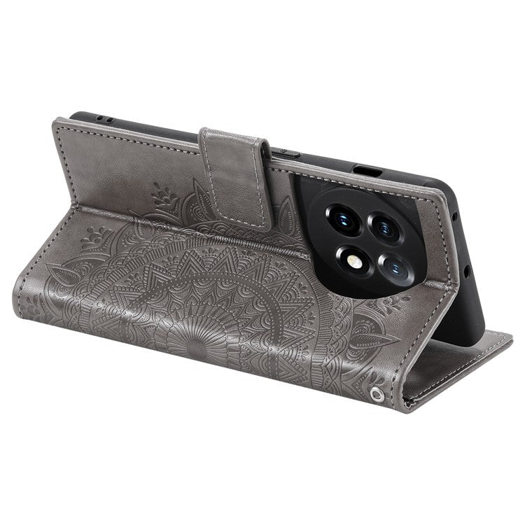 Leather Flip Case for OnePlus 11 5G Shockproof Phone Shell Mandala Flower Pattern Wallet Phone Cover - Grey