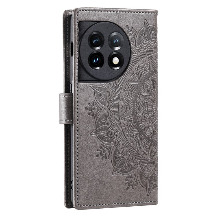 Leather Flip Case for OnePlus 11 5G Shockproof Phone Shell Mandala Flower Pattern Wallet Phone Cover - Grey
