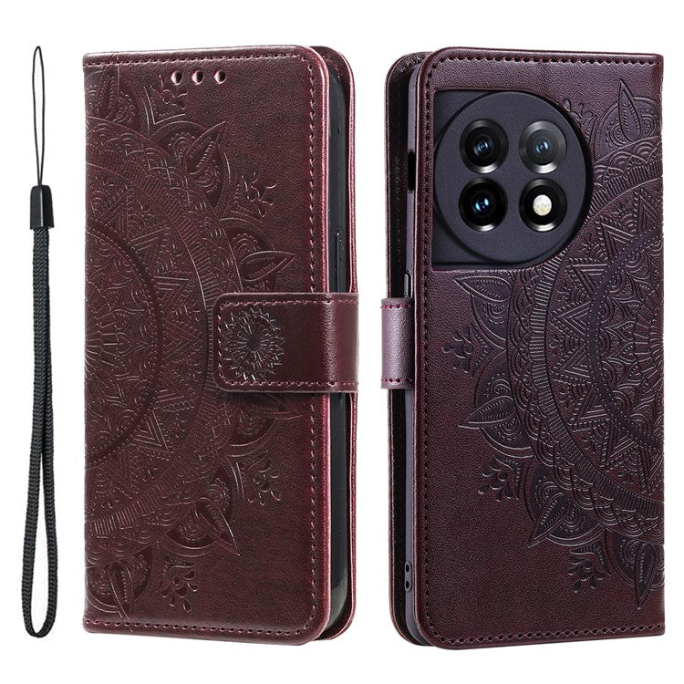 Leather Flip Case for OnePlus 11 5G Shockproof Phone Shell Mandala Flower Pattern Wallet Phone Cover - Brown