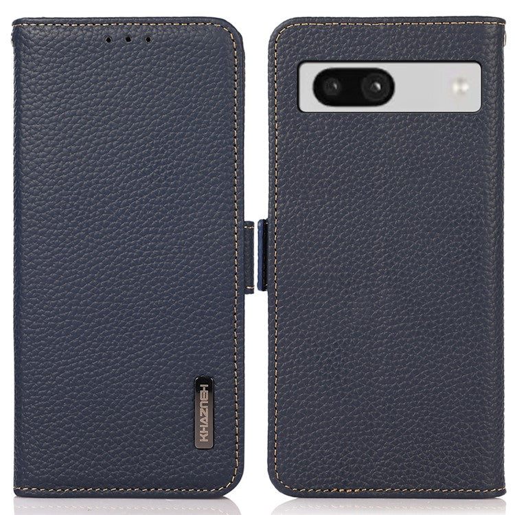 KHAZNEH For Google Pixel 7a RFID Blocking Phone Stand Case Genuine Cow Leather Wallet Drop-proof Cover - Blue