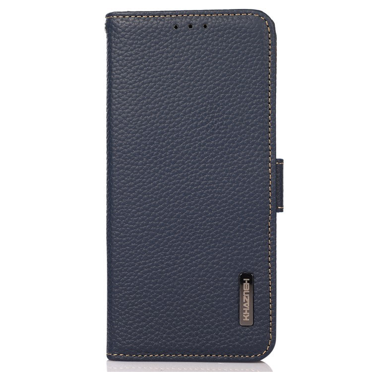 KHAZNEH For Google Pixel 7a RFID Blocking Phone Stand Case Genuine Cow Leather Wallet Drop-proof Cover - Blue