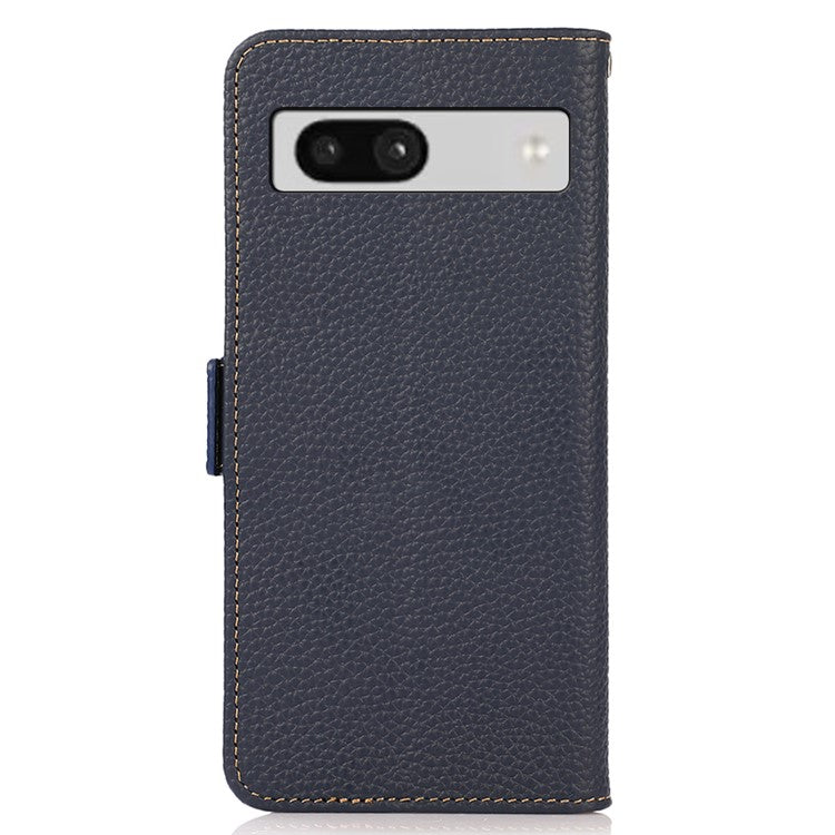 KHAZNEH For Google Pixel 7a RFID Blocking Phone Stand Case Genuine Cow Leather Wallet Drop-proof Cover - Blue