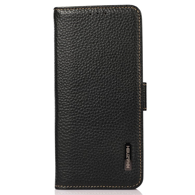 KHAZNEH For Google Pixel 7a RFID Blocking Phone Stand Case Genuine Cow Leather Wallet Drop-proof Cover - Black