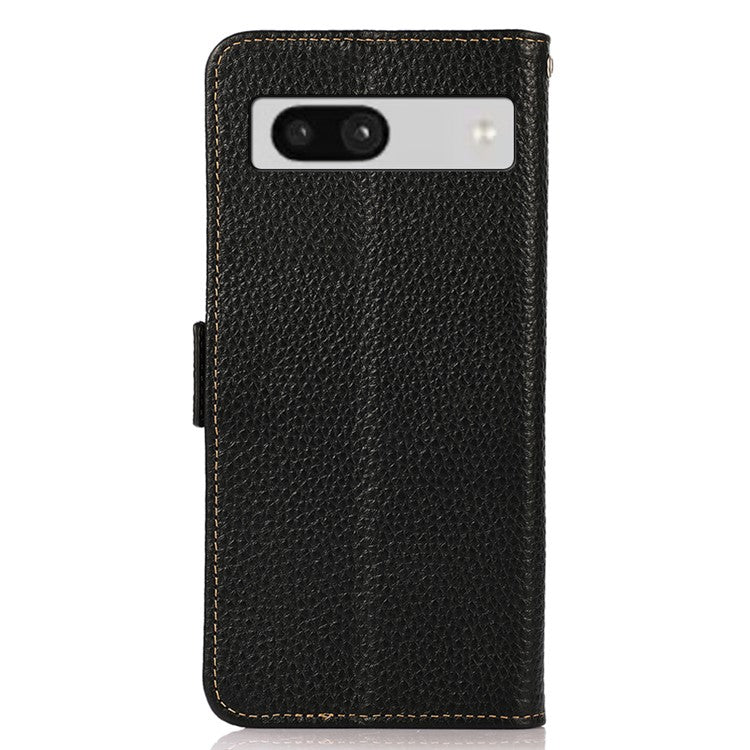 KHAZNEH For Google Pixel 7a RFID Blocking Phone Stand Case Genuine Cow Leather Wallet Drop-proof Cover - Black