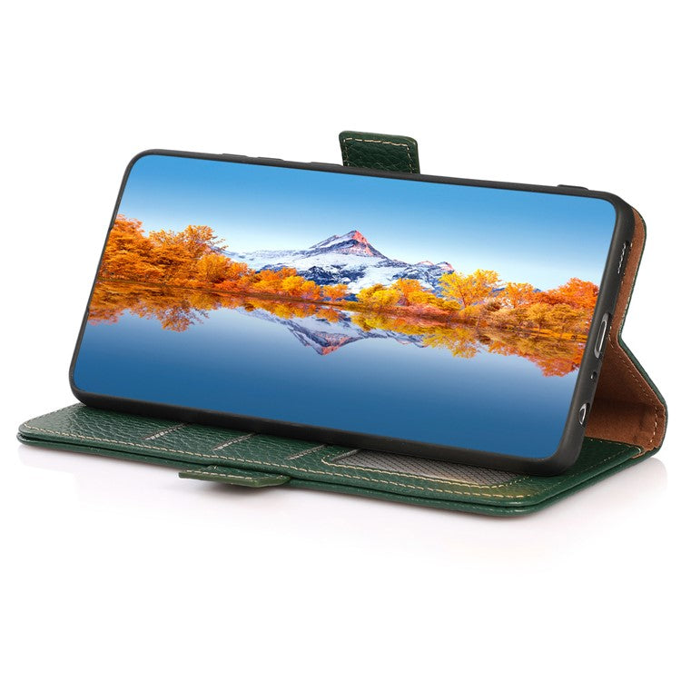 KHAZNEH For Google Pixel 7a RFID Blocking Phone Stand Case Genuine Cow Leather Wallet Drop-proof Cover - Green