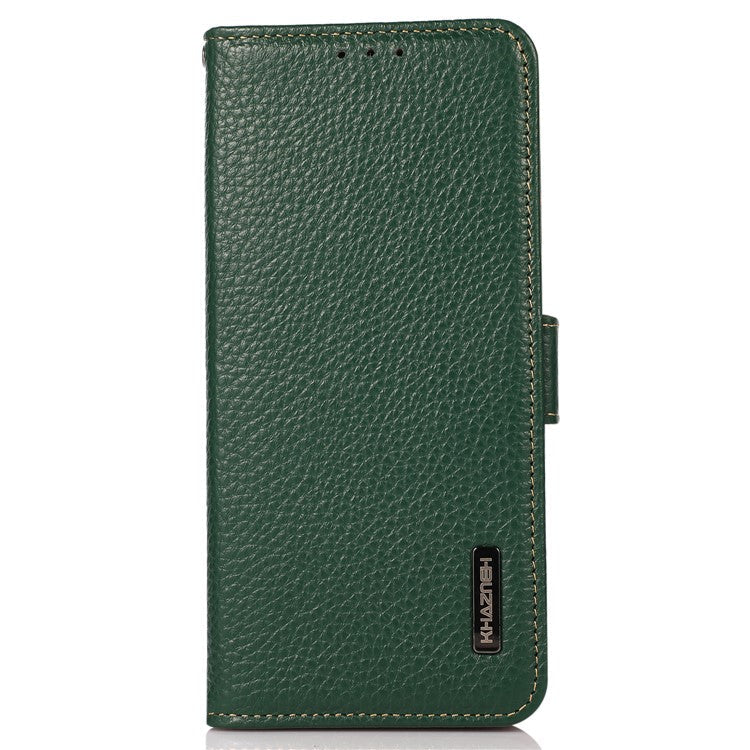 KHAZNEH For Google Pixel 7a RFID Blocking Phone Stand Case Genuine Cow Leather Wallet Drop-proof Cover - Green