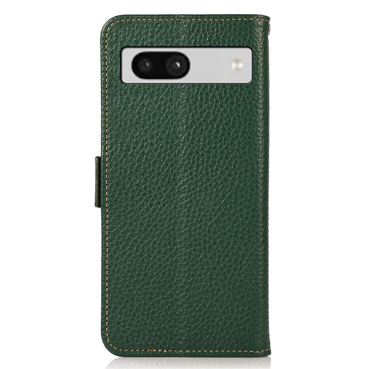 KHAZNEH For Google Pixel 7a RFID Blocking Phone Stand Case Genuine Cow Leather Wallet Drop-proof Cover - Green
