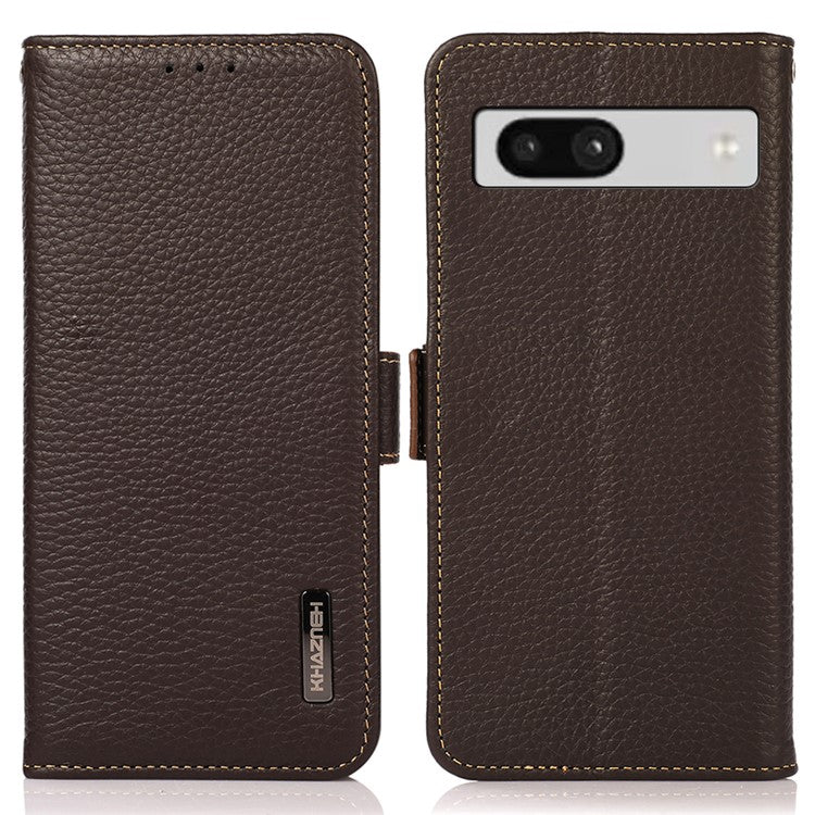 KHAZNEH For Google Pixel 7a RFID Blocking Phone Stand Case Genuine Cow Leather Wallet Drop-proof Cover - Brown