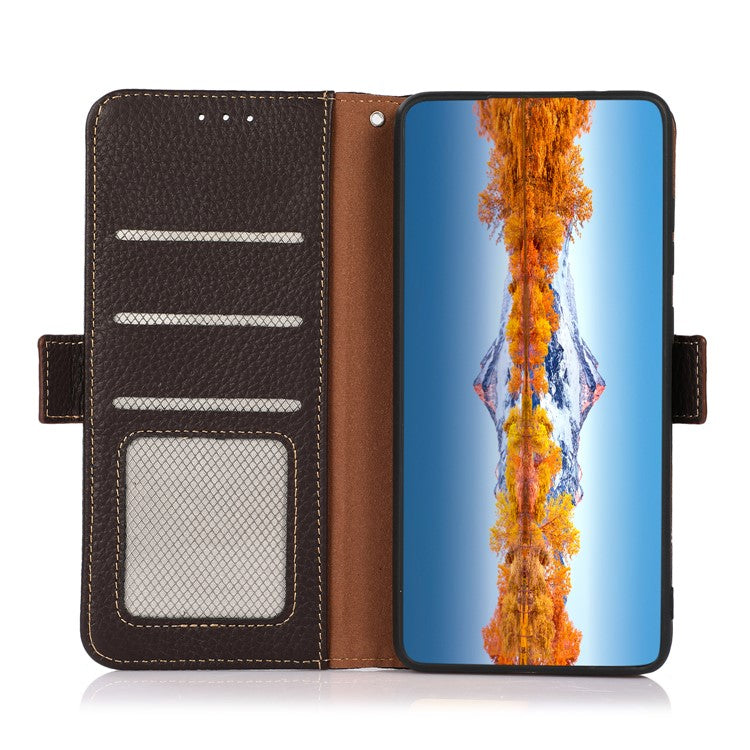 KHAZNEH For Google Pixel 7a RFID Blocking Phone Stand Case Genuine Cow Leather Wallet Drop-proof Cover - Brown