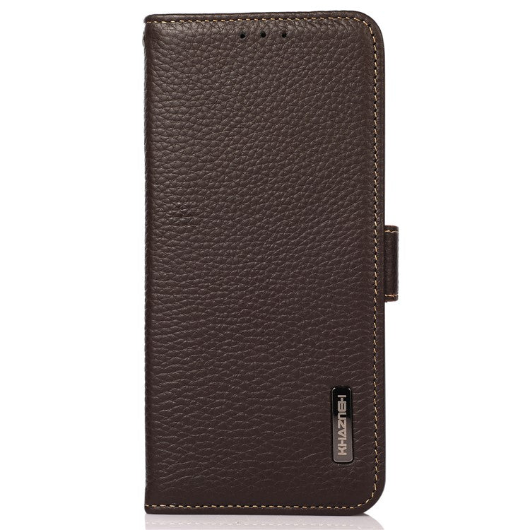 KHAZNEH For Google Pixel 7a RFID Blocking Phone Stand Case Genuine Cow Leather Wallet Drop-proof Cover - Brown