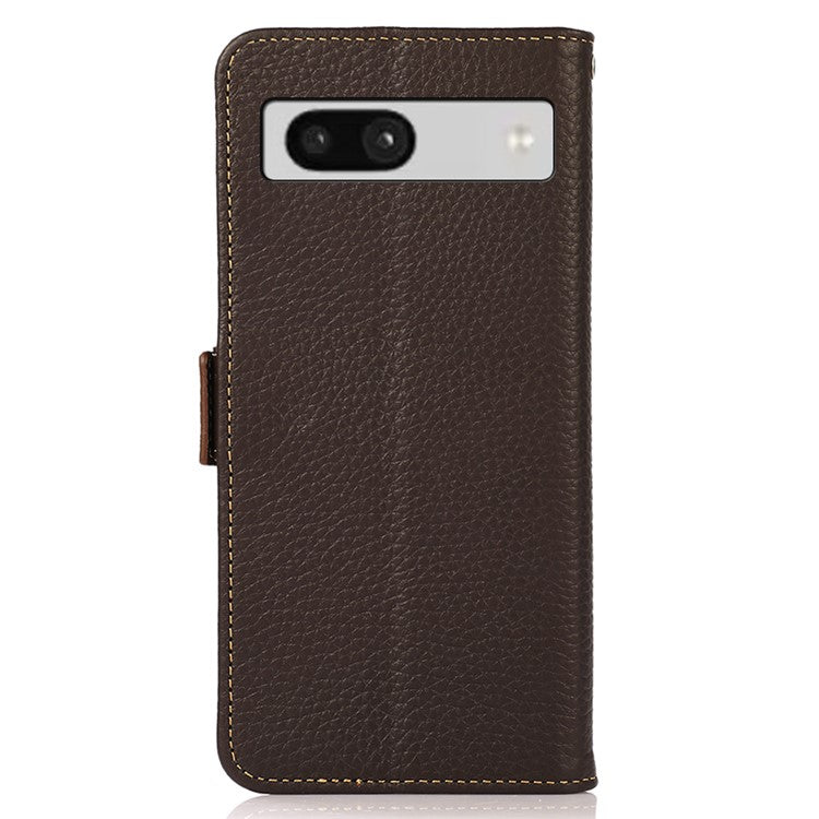 KHAZNEH For Google Pixel 7a RFID Blocking Phone Stand Case Genuine Cow Leather Wallet Drop-proof Cover - Brown