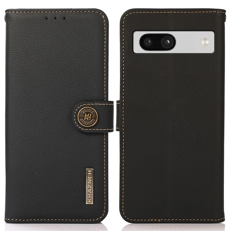KHAZNEH For Google Pixel 7a RFID Blocking Wallet Phone Shell Genuine Cow Leather Stand Cover - Black