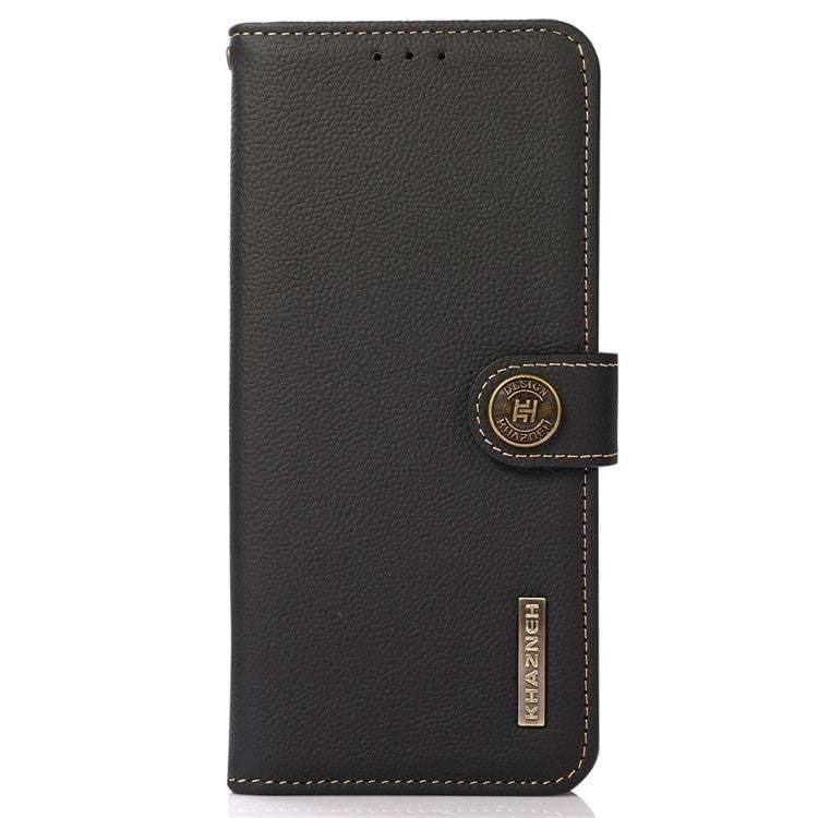KHAZNEH For Google Pixel 7a RFID Blocking Wallet Phone Shell Genuine Cow Leather Stand Cover - Black