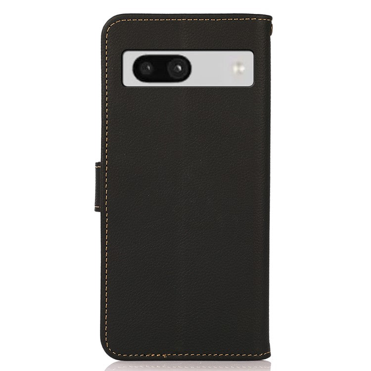 KHAZNEH For Google Pixel 7a RFID Blocking Wallet Phone Shell Genuine Cow Leather Stand Cover - Black