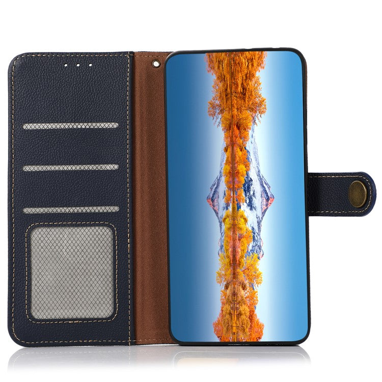 KHAZNEH For Google Pixel 7a RFID Blocking Wallet Phone Shell Genuine Cow Leather Stand Cover - Blue