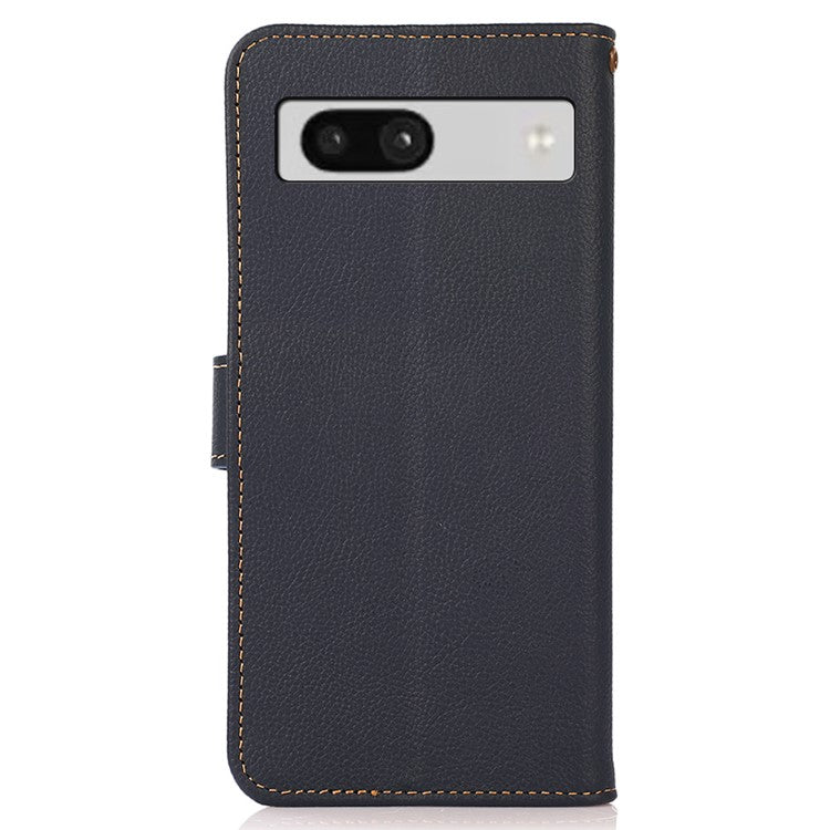 KHAZNEH For Google Pixel 7a RFID Blocking Wallet Phone Shell Genuine Cow Leather Stand Cover - Blue