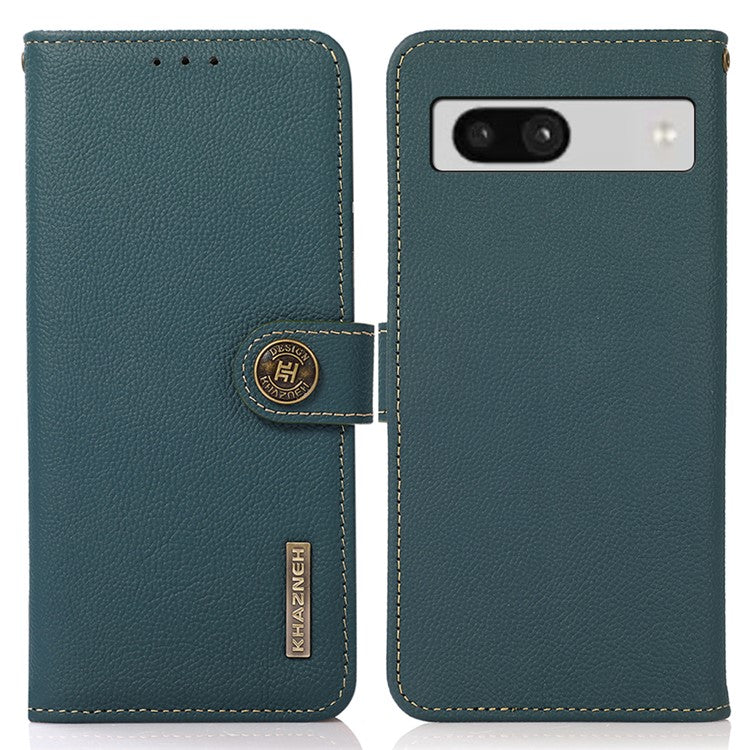 KHAZNEH For Google Pixel 7a RFID Blocking Wallet Phone Shell Genuine Cow Leather Stand Cover - Green